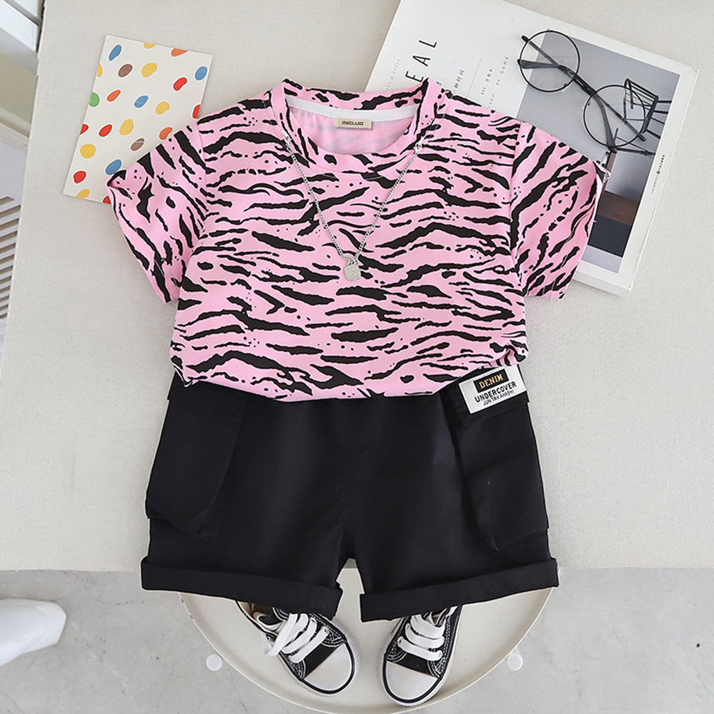 Boys Pink Abstract Printed Short Sleeves T-Shirt With Shorts Set 2 pc. Sets Pink 1-2 Y