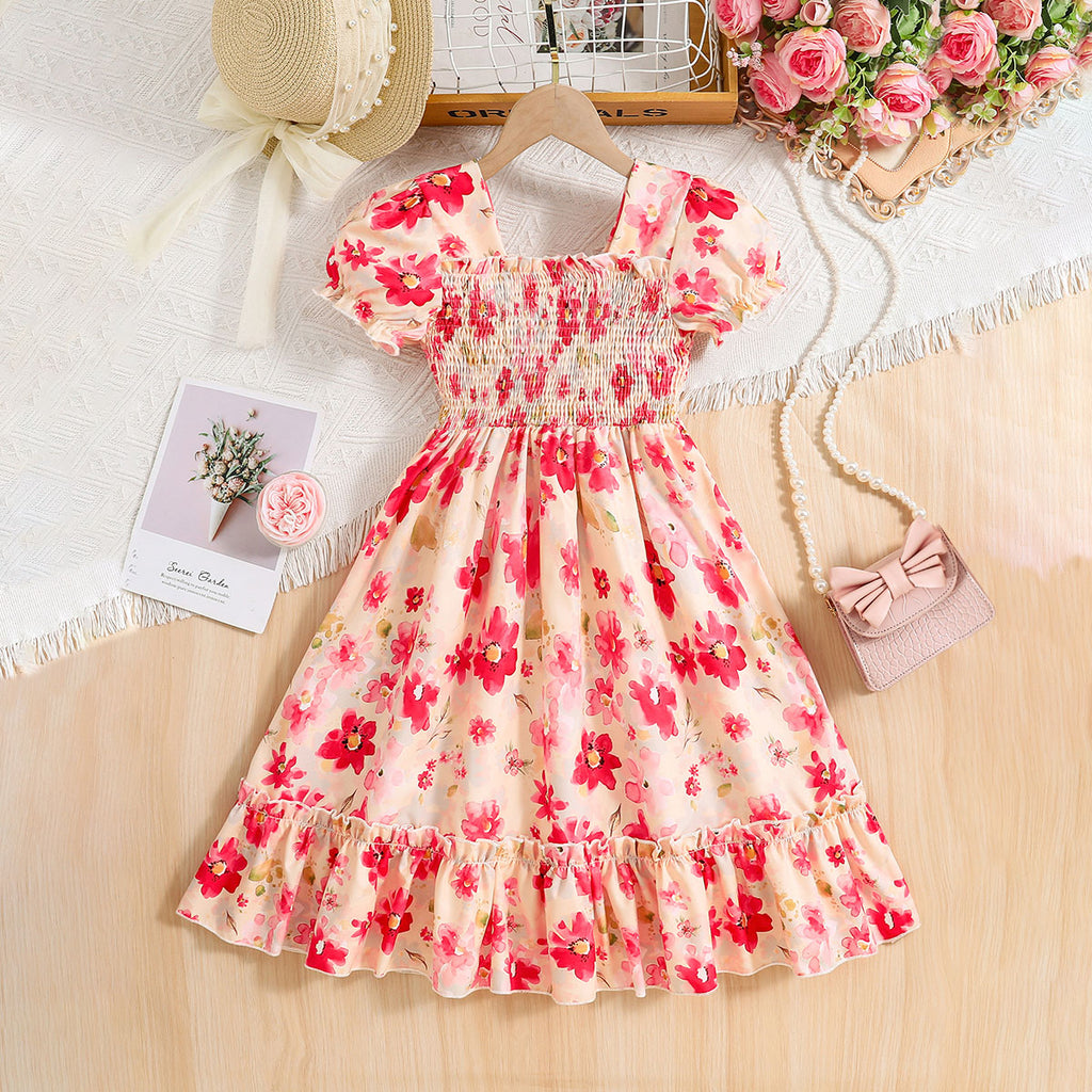 Girls Apricot Floral Print Smocked Casual Midi Dress Casual Dresses Apricot 3-4 Y