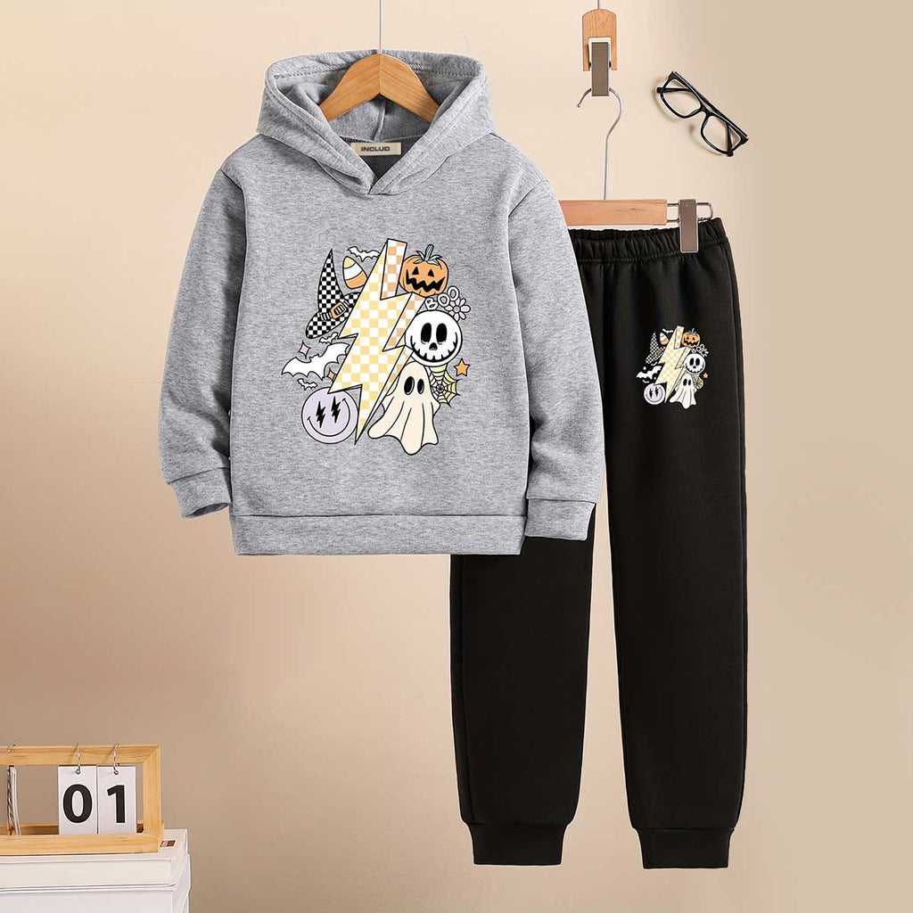 Boys Grey Halloween-Themed Printed Hooded Sweatshirt With Jogger Sets 2 pc. Sets Grey 5-6 Y