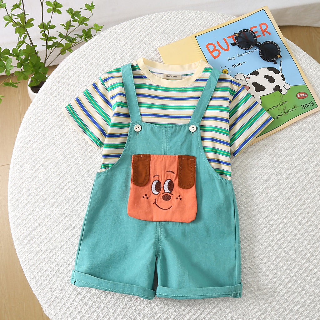 Boys Teal Striped T-shirt with Puppy Patch Dungaree Set Sets Teal 1-2 Y