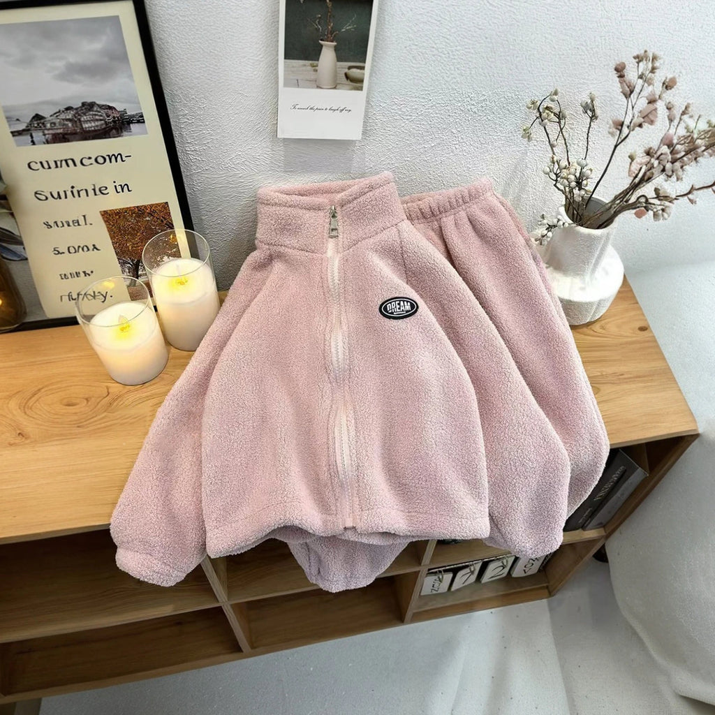 Girls Pink Fleece Zip-up Jacket With Jogger Co-ord Sets Sets Pink 1-2 Y