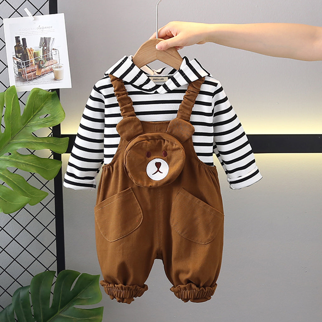 Boys Brown Bear Face Pocketed Dungaree With Striped Hooded T-Shirt Set 2 pc. Sets Brown 1-2 Y