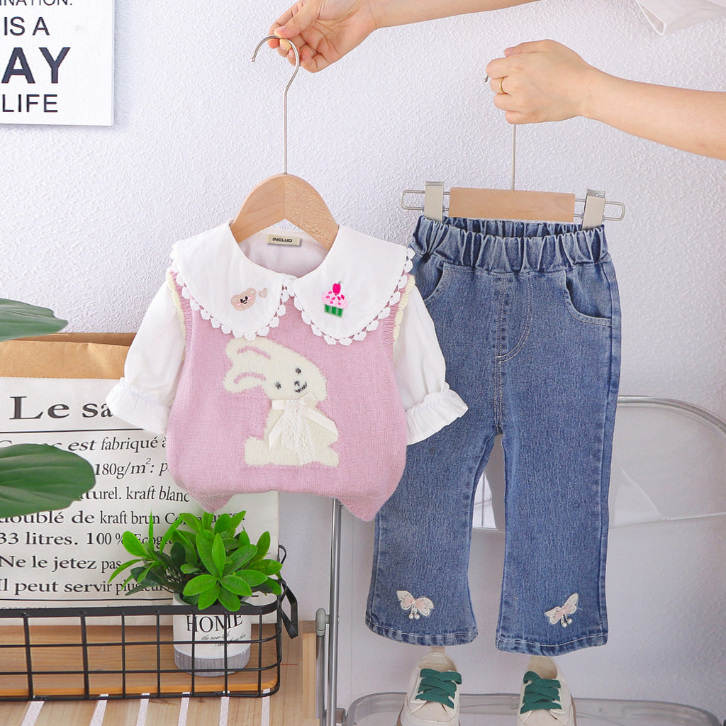 Girls Embroidered Top With Purple Sleeveless Pullover & Denim Pants Set Sets Purple 1-2 Y
