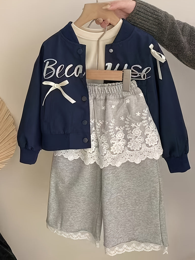Girls Navy Blue Typographic Printed Varsity Jacket & Lace Overlay Pant Sets Sets Navy Blue 1-2 Y