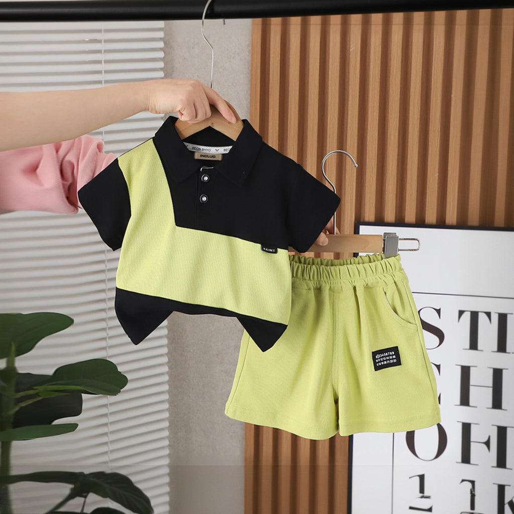 Boys Black-Lime Green Colorblocked Polo T-Shirt with Shorts Set Sets Black 1-2 Y