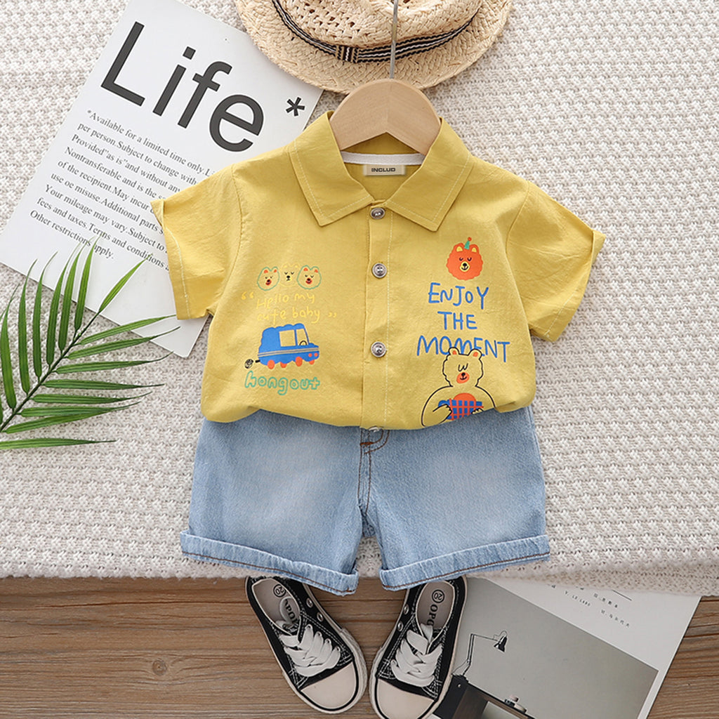 Boys Yellow Cartoon Graphic Short Sleeve Shirt With Denim Shorts Set 2 pc. Sets Yellow 1-2 Y