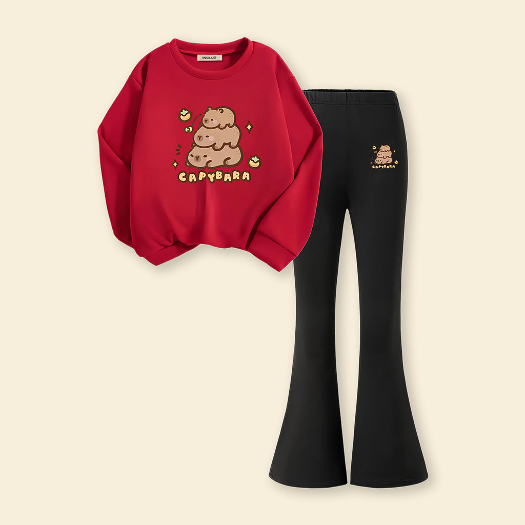 Girls Red Cartoon Characters Printed Sweatshirt With Flared Pants Sets 2 pc. Sets Red 7-8 Y
