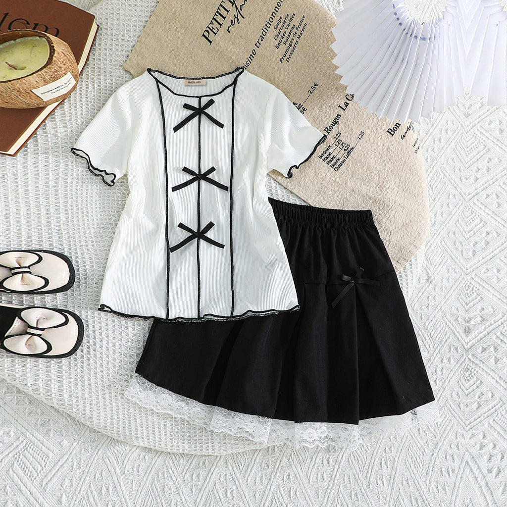 Girls White Solid Summer Knitted Top With Skirts Set 2 pc. Sets White 3-4 Y