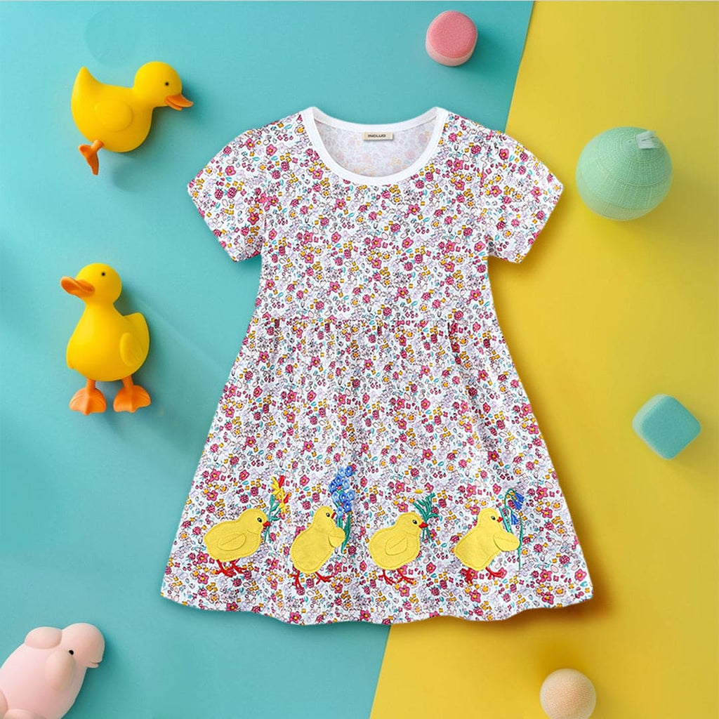 Girls Floral Print Patch Applique Dress Casual Dresses White 1-2 Y 