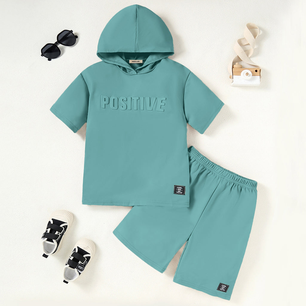 Boys Teal Embossed Print Hooded Tee with Shorts Set Sets Teal 8-9 Y