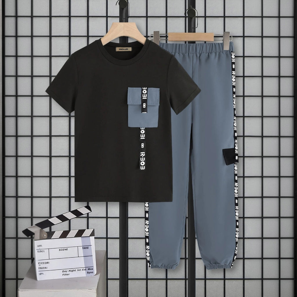 Boys Black Short Sleeve Round Neck T-Shirt With Jogger Set 2 pc. Sets Black 7-8 Y