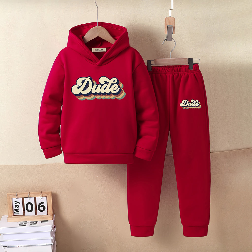 Boys Red Dude Printed Hooded Sweatshirt with Joggers Set Sets Red 5-6 Y