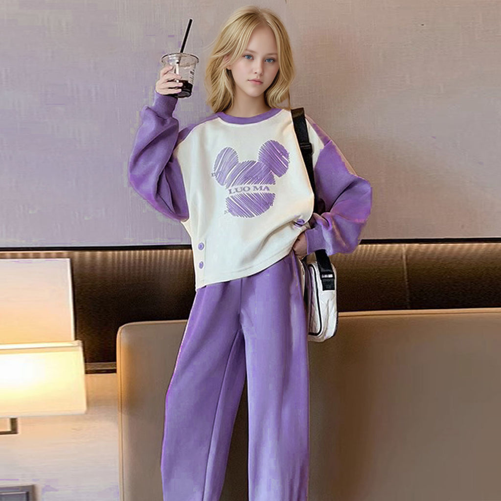 Girls Purple Mouse Face Printed Sweatshirt With Joggers Winter Sets 2 pc. Sets Purple 5-6 Y