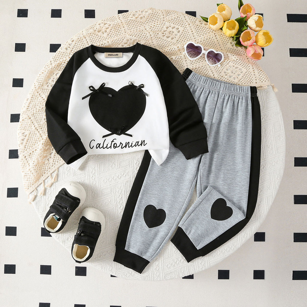 Girls Black Heart Print Sweatshirt With Pants Sets 2 pc. Sets Black 3-4 Y