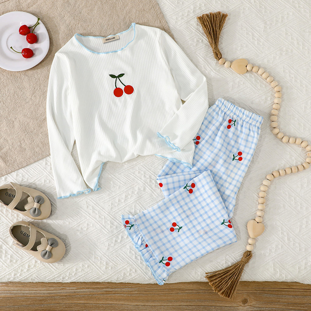 Girls White Cherry Embroidered Top with Checkered Pajama Set Sets White 3-4 Y
