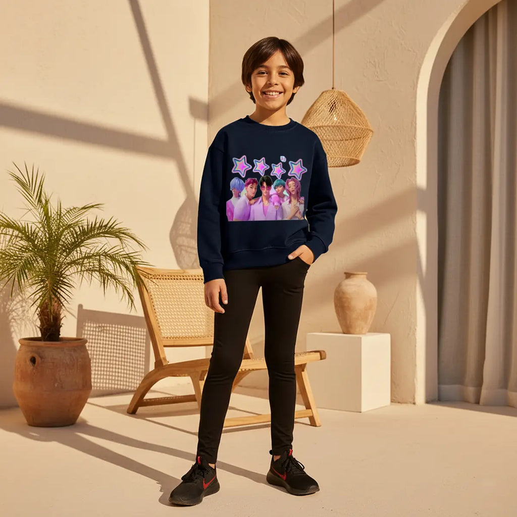 Boys Navy Blue K-Pop Star Graphics Crew Neck Sweatshirt Sweatshirts & Hoodies Navy Blue 1-2 Y