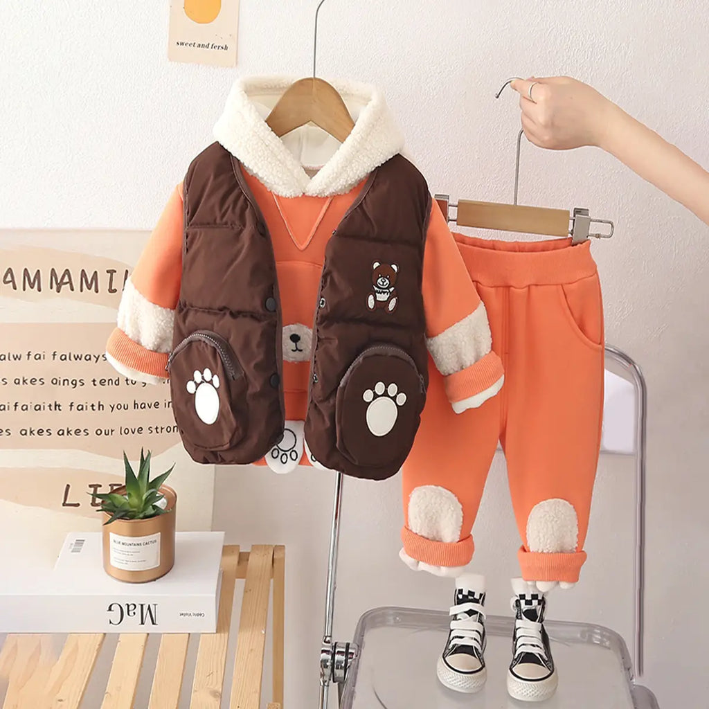 Boys Orange Graphics Regular Sweatshirt With Sleeveless Jacket & Pants Sets 3 pc. Sets Orange 1-2 Y