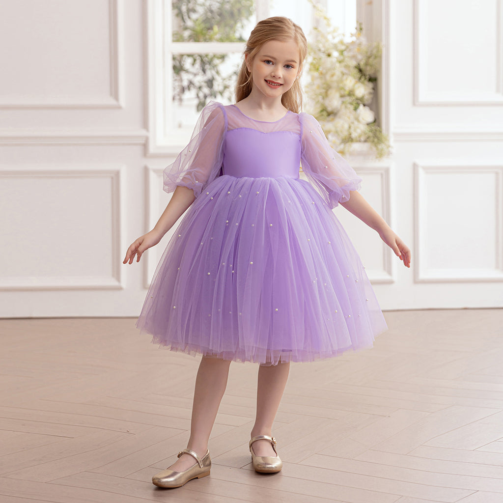 Girls Mauve Breaded Tulle Party Dress with Statement Back Bow Party Dresses Purple 3-4 Y