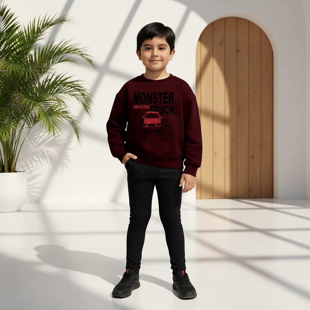 Boys Maroon Monster Truck Graphics Round Neck Sweatshirt Sweatshirts & Hoodies Maroon 1-2 Y