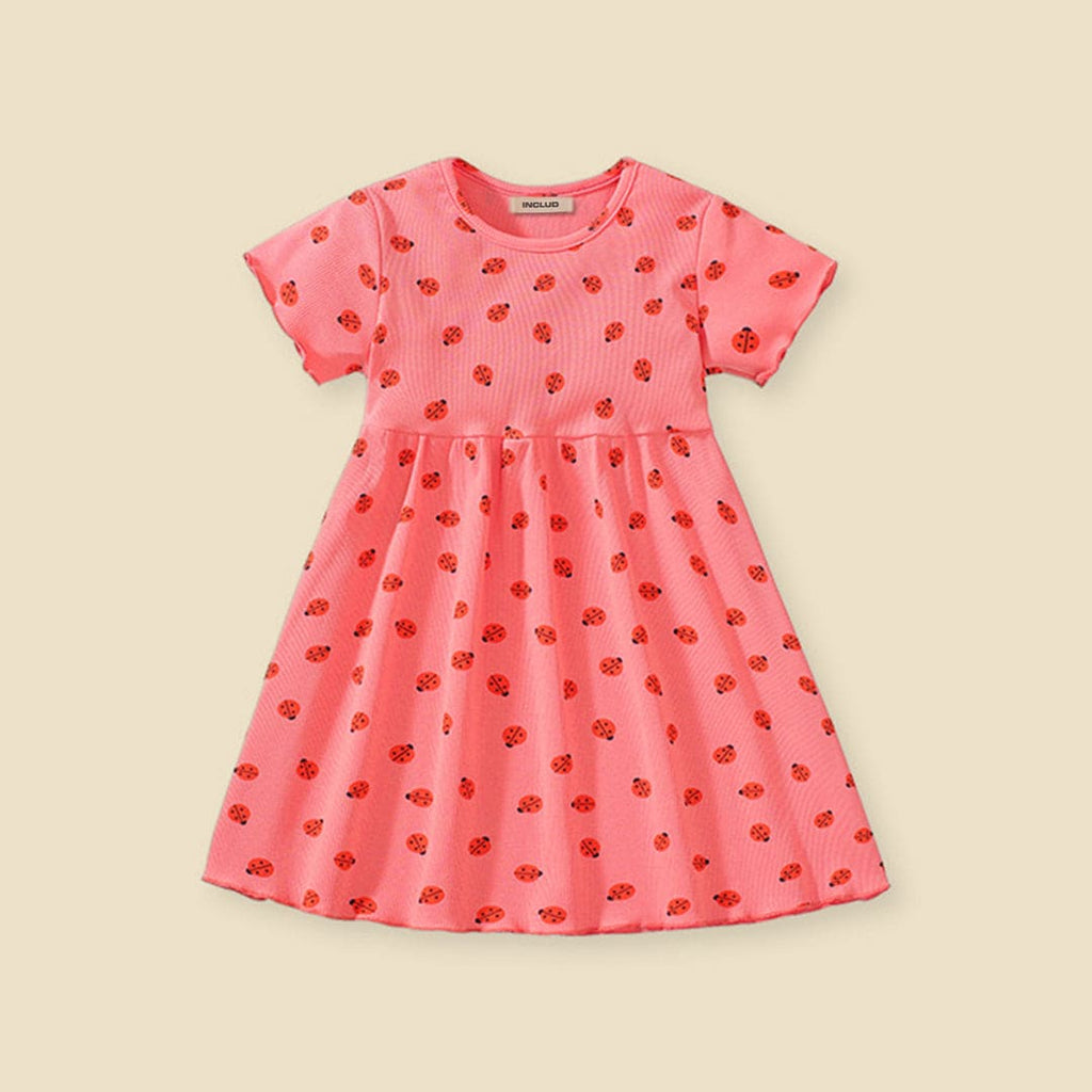 Girls Short Sleeve ladybird Print Flared Dress Casual Dresses   