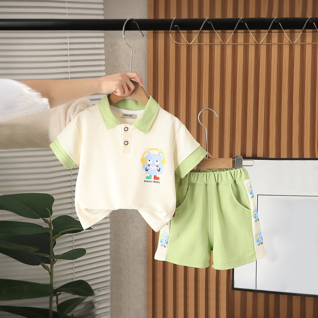 Boys Graphic Short Sleeve Polo T-Shirt With Green Shorts Set 2 pc. Sets