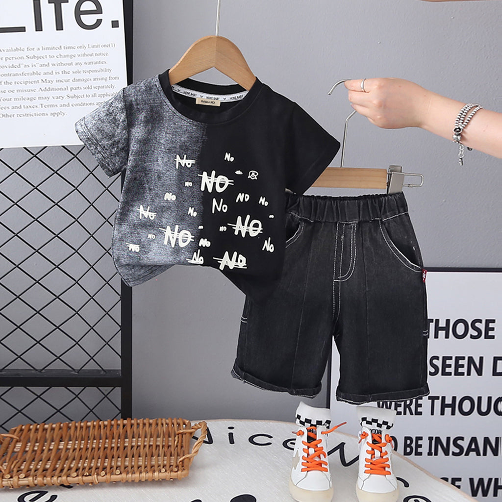 Boys Black Typography Printed Short Sleeves T-Shirt With Denim Shorts Set 2 pc. Sets