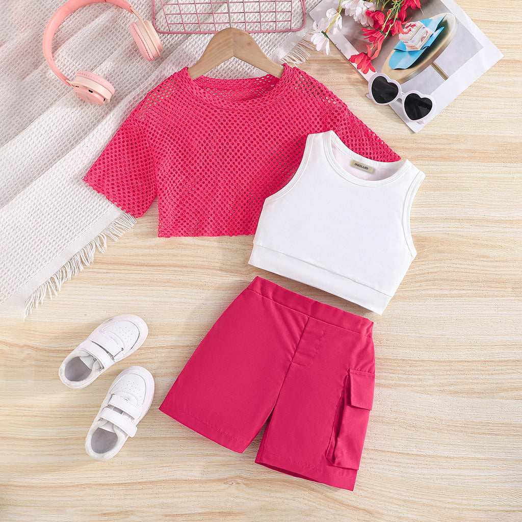 Girls Pink Mesh Short Sleeves Top With Tank Top And Shorts Set Sets