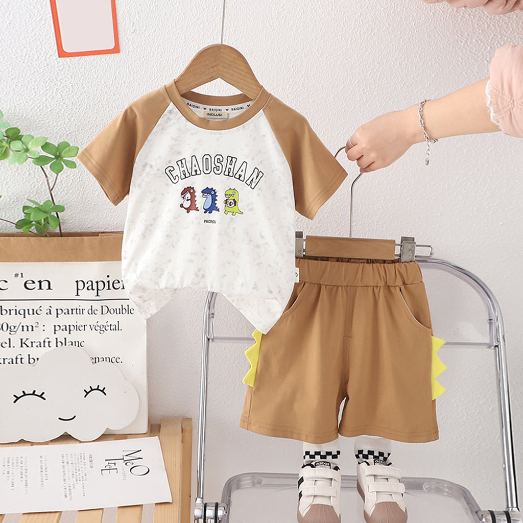 Boys Light Brown Raglan Sleeves Dinosaur Printed T-Shirt With Shorts Set 2 pc. Sets Light Brown 1-2 Y