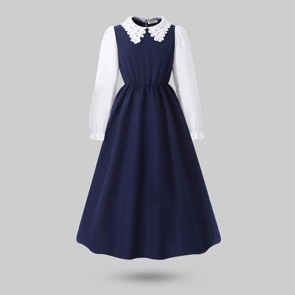 Girls Navy Blue Solid Lace Neck Long Sleeves Fit & Flare Midi Dress Casual Dresses Navy Blue 7-8 Y
