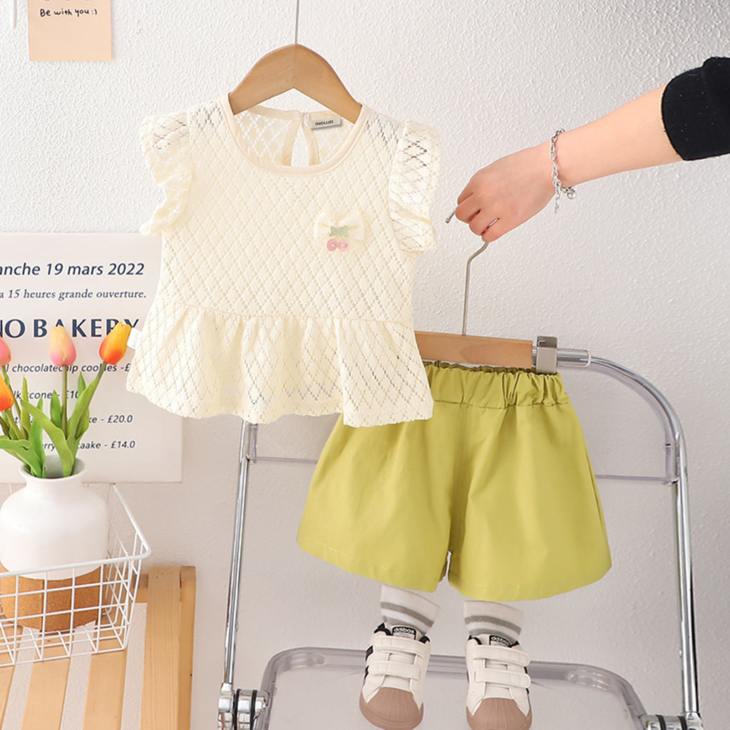 Girls Flutter Sleeves Textured Peplum Top With Green Shorts Set 2 pc. Sets Green 1-2 Y