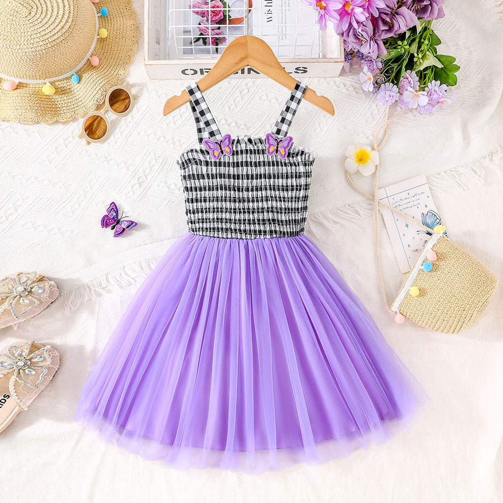 Girls Purple Butterfly Patched Sleeveless Smocked Casual Dress Casual Dresses Purple 3-4 Y