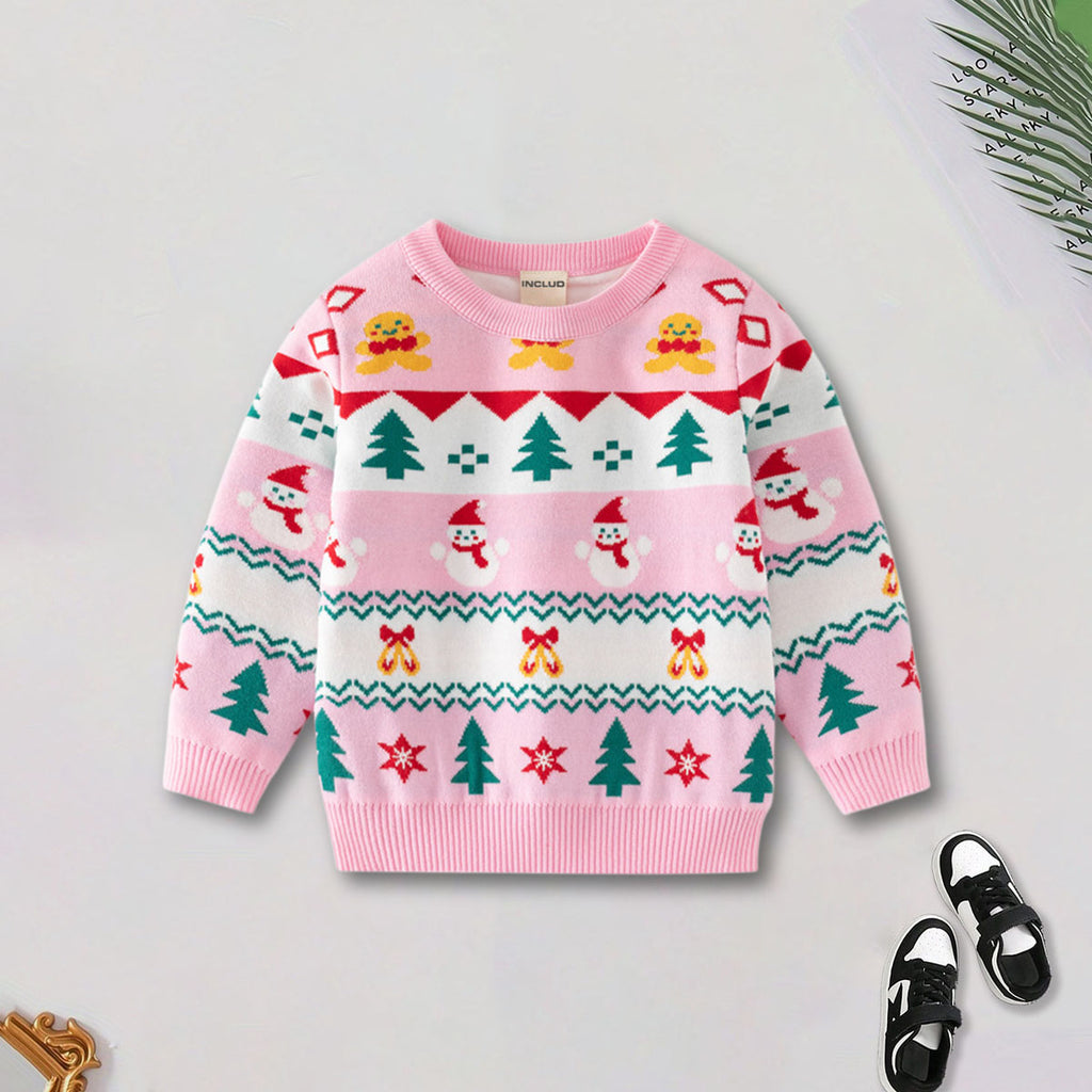 Girls Light Pink Self-Design Christmas Sweater Sweaters & Cardigans Light Pink 2-3 Y