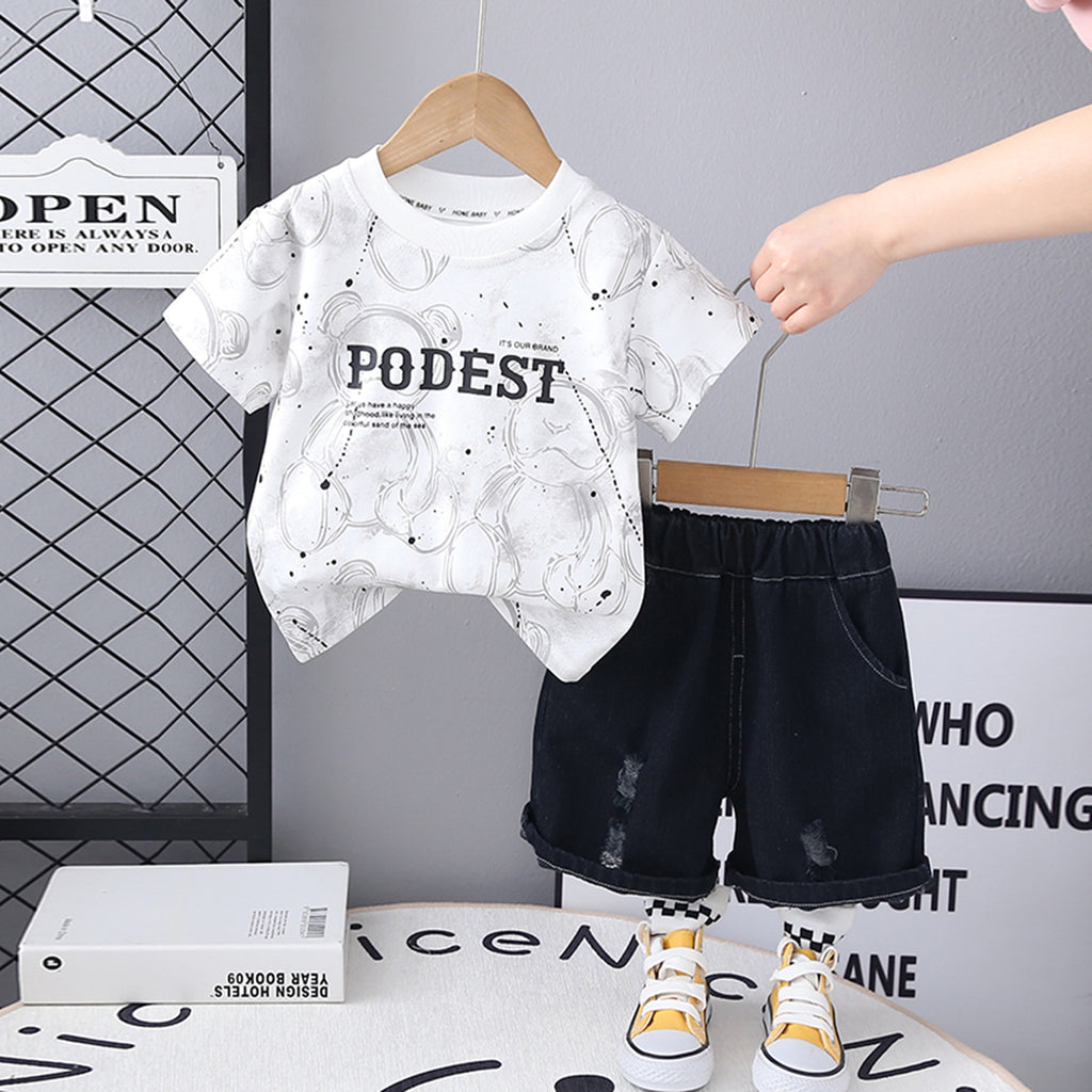 Boys White Typography Printed T-Shirt With Elasticated Shorts Set 2 pc. Sets White 1-2 Y