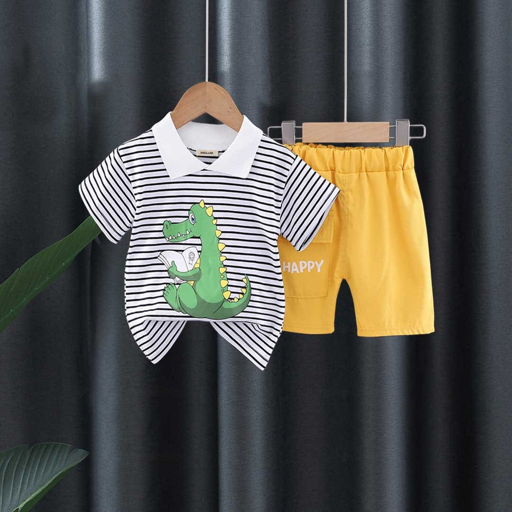 Boys Dinosaur Printed Striped Polo T-shirt with Shorts Set Sets Yellow 1-2 Y 