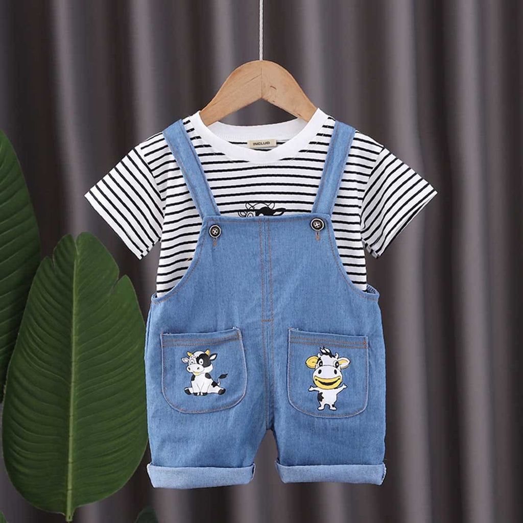 Boys Striped T-shirt with Denim Dungaree Set Sets Blue 1-2 Y 