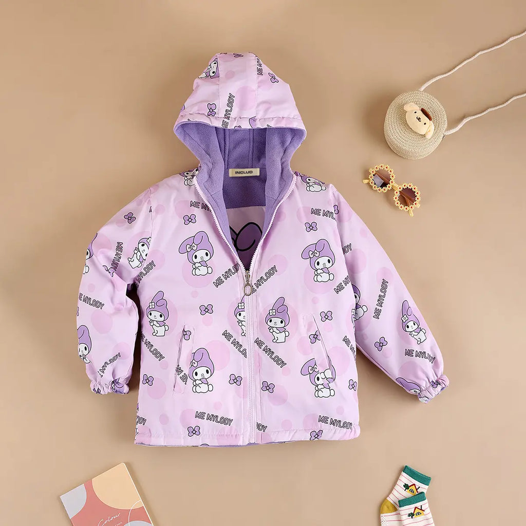 Girls Purple Typographic Printed Reversible Hooded Zipper Jacket Coats & Jackets Purple 3-4 Y
