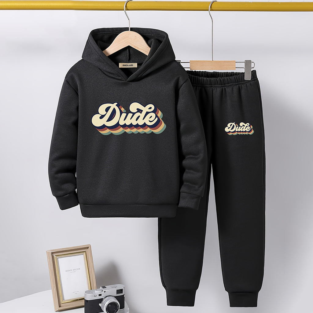 Boys Black Dude Printed Hooded Sweatshirt with Joggers Set Sets Black 5-6 Y