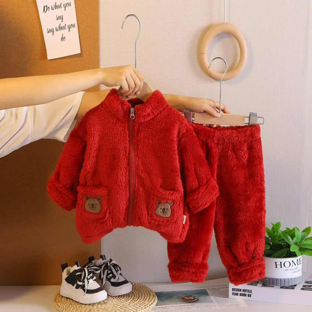 Girls Red Fleece Zip-up Jacket With Jogger Co-ord Sets Sets Red 1-2 Y