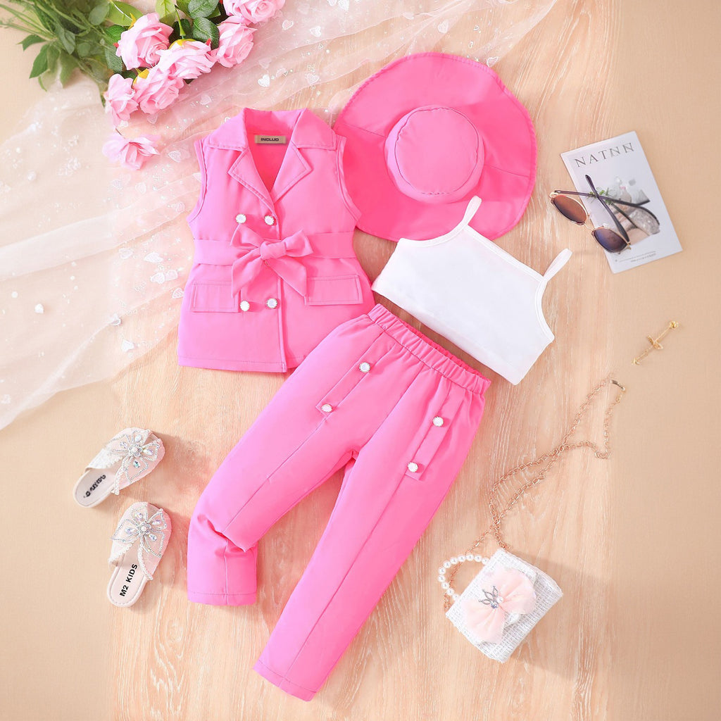 Girls Pink Sleeveless Jacket With Camisole Top And Pants Sets 3 pc. Sets Pink 3-4 Y