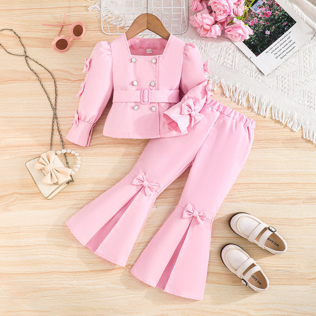 Girls Pink Blazer Top With Bow Detailed & Flared Pant Co-ord Sets Sets Pink 2-3 Y