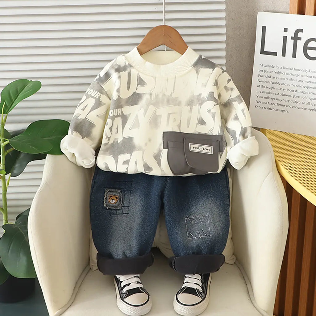Boys Grey Typographic Regular Sweatshirt With Denim Trousers Sets 2 pc. Sets Grey 1-2 Y
