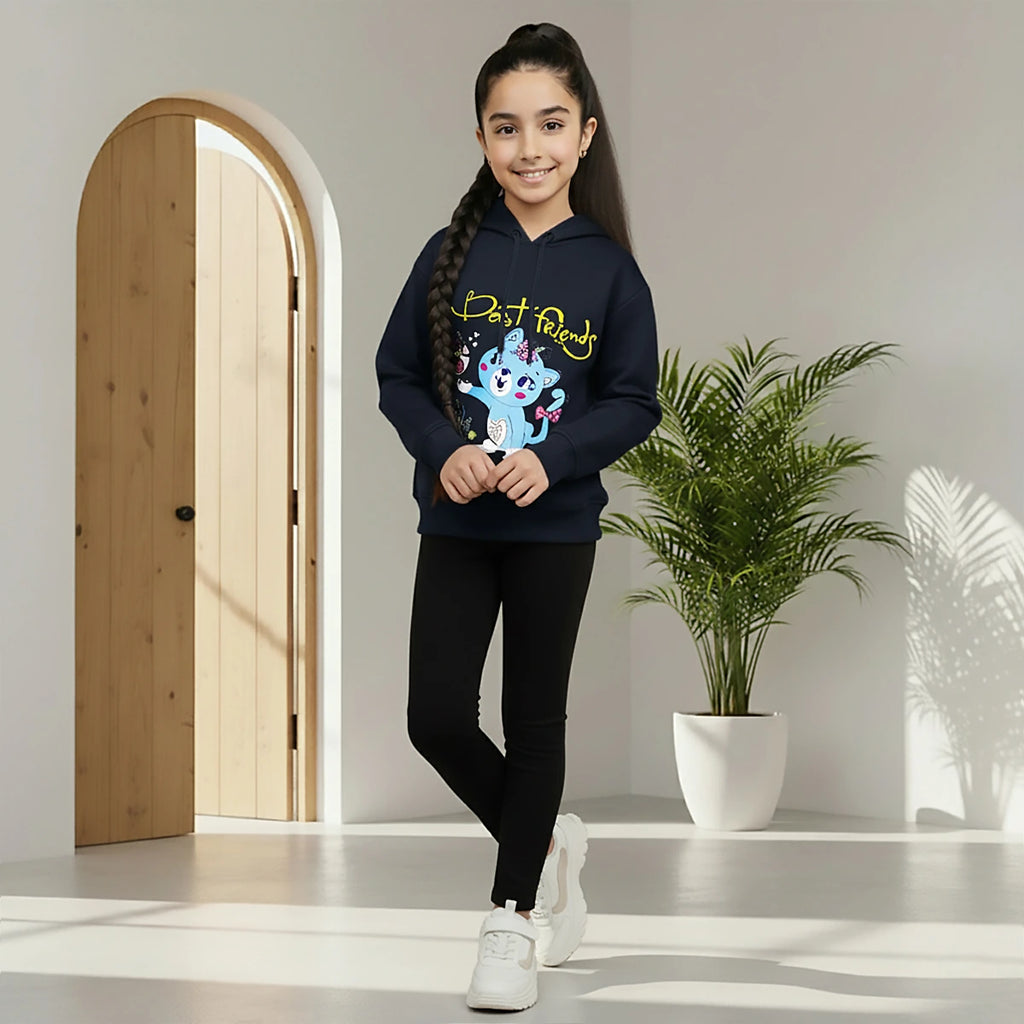Girls Navy Blue Best Friend Graphics Hooded Sweatshirt Sweatshirts & Hoodies Navy Blue 1-2 Y