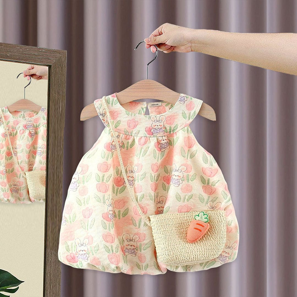 Girls Floral Print Sleeveless Casual Dress With Sling Bag Casual Dresses Pink 1-2 Y 