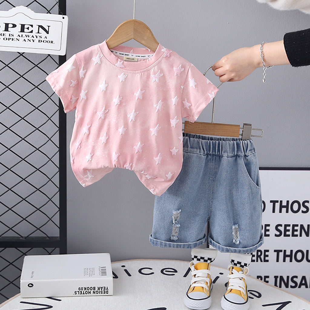 Girls Pink Star Print T-Shirt With Denim Shorts Set 2 pc. Sets Pink 1-2 Y