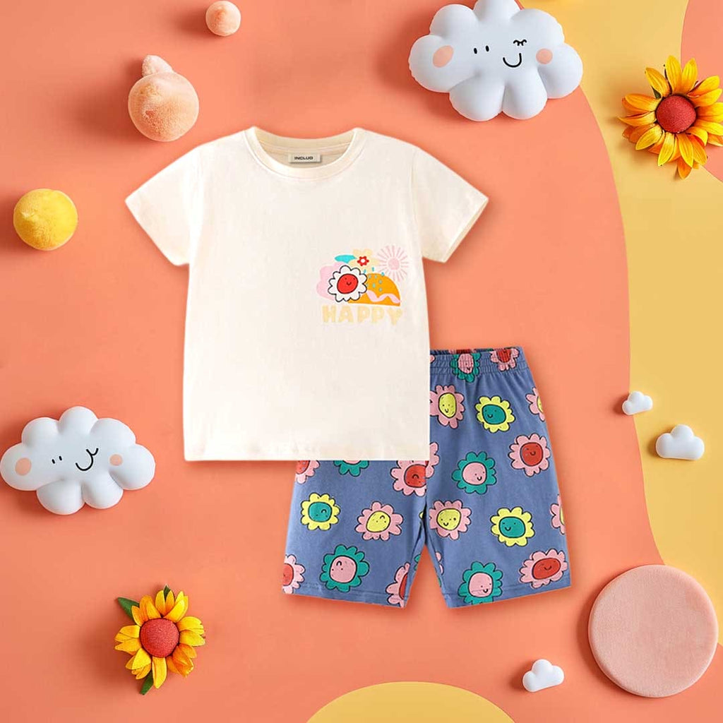 Girls Short Sleeves T-Shirt With Printed Floral Shorts Set Sets Beige 1-2 Y 