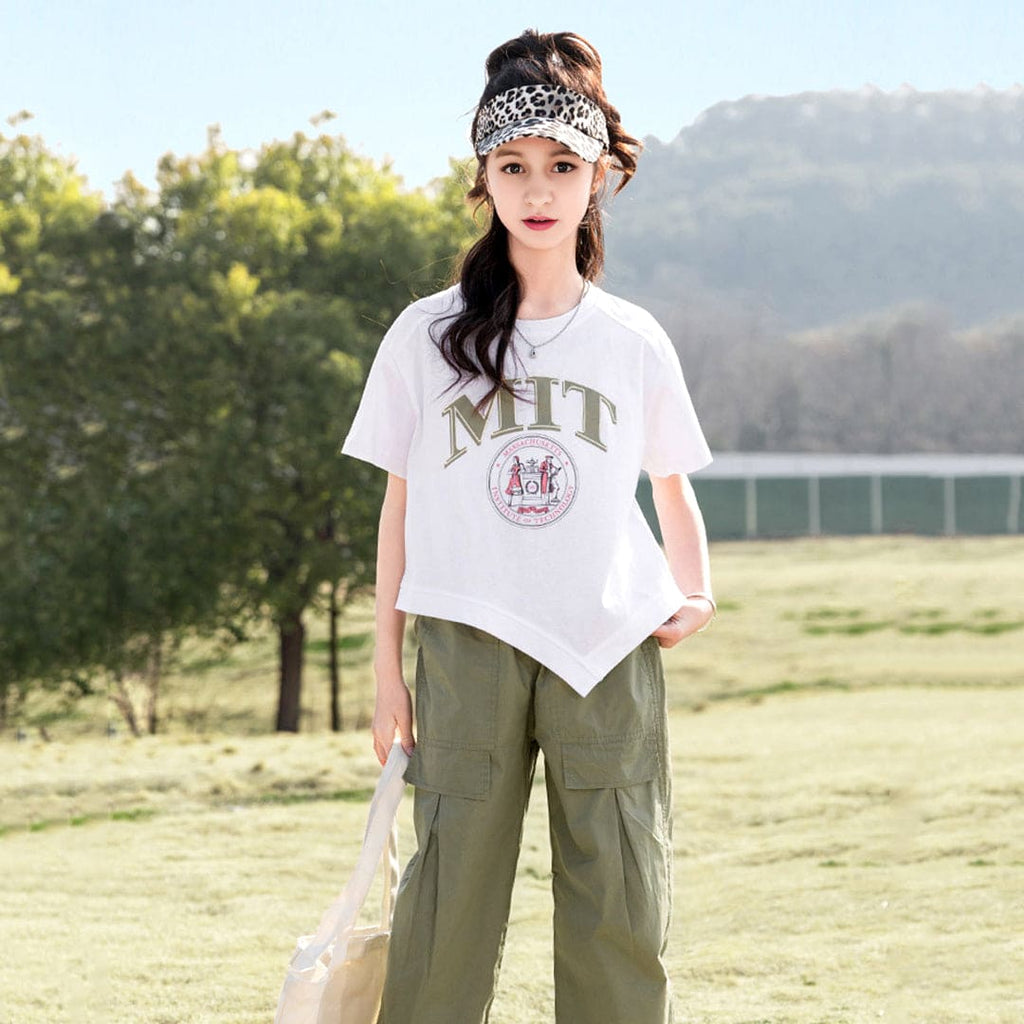 Girls Asymmetrical Printed T-Shirt With Cargo Set Sets Green 6-7 Y 