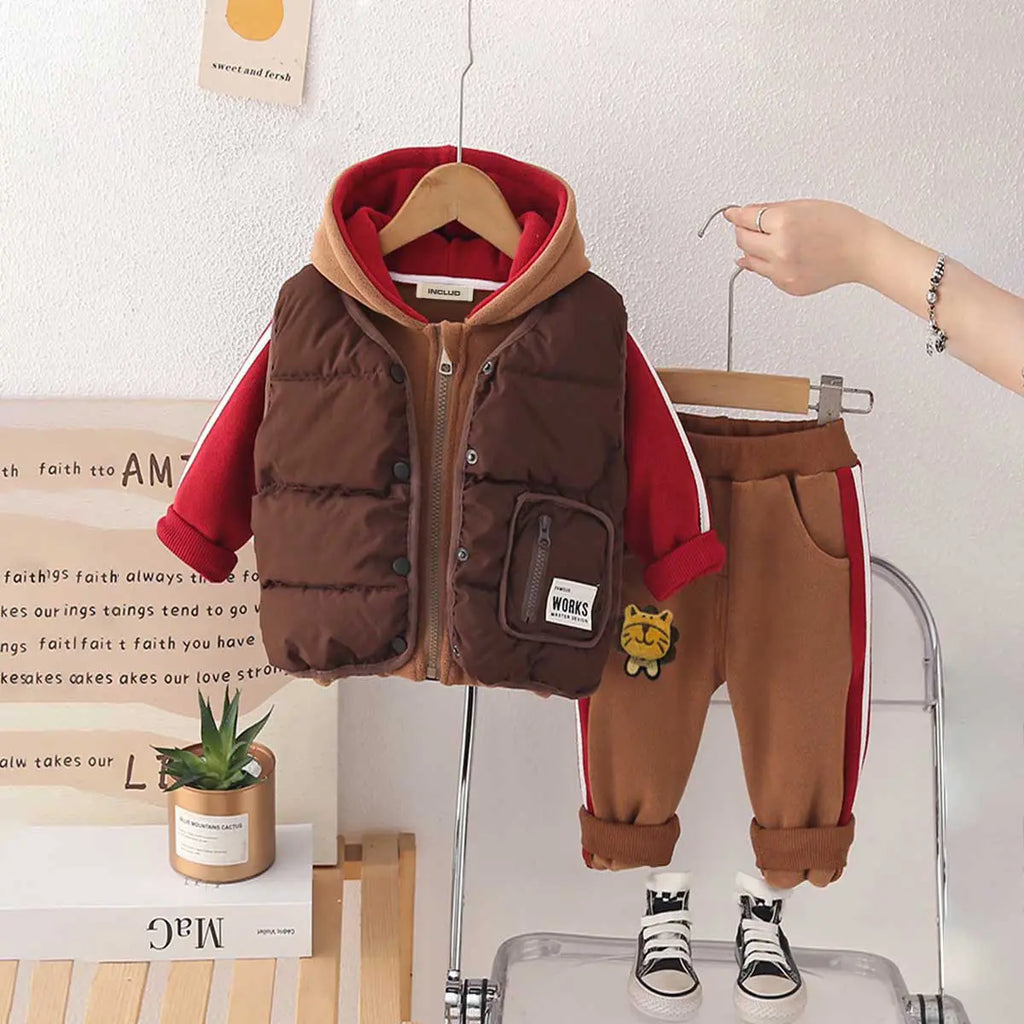 Boys Brown Hooded Zipper Jacket With Puffer Vest & Jogger Sets Sets Brown 1-2 Y