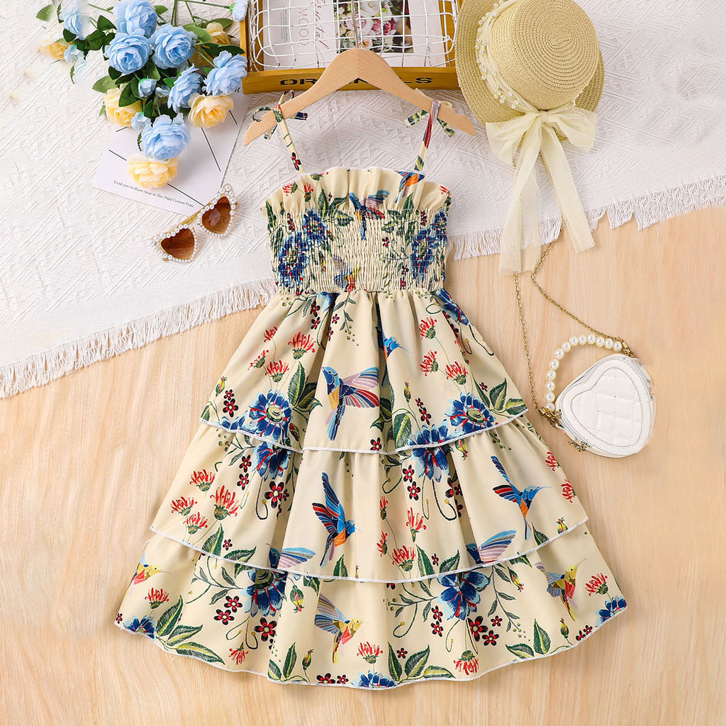 Girls Apricot Tropical Printed Sleeveless Smocked Fit And Flared Summer Dress Casual Dresses Apricot 3-4 Y