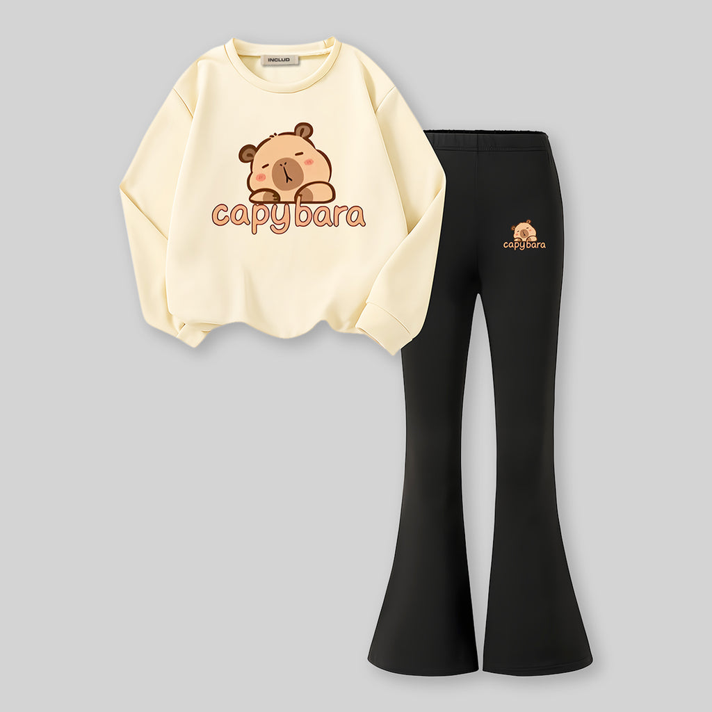 Girls Apricot Printed Long Sleeve Sweatshirt With Pants Sets 2 pc. Sets Apricot 7-8 Y