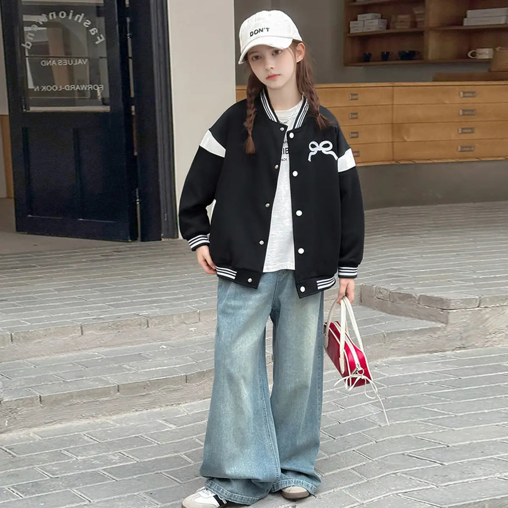 Girls Black Bow Printed Varsity Jacket Coats & Jackets Black 5-6 Y